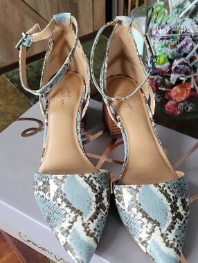 Crown Vintage Light Blue Snake-Print Pointed Ankle-Strap Heels